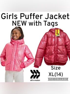 All In Motion Target Girls Iridescent Pink Warmest Puffer Jacket Size XL(14) NEW